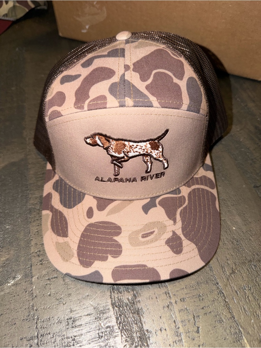 Alapaha River Trucker Hat with Hunting Dog Patch - Brown Camo